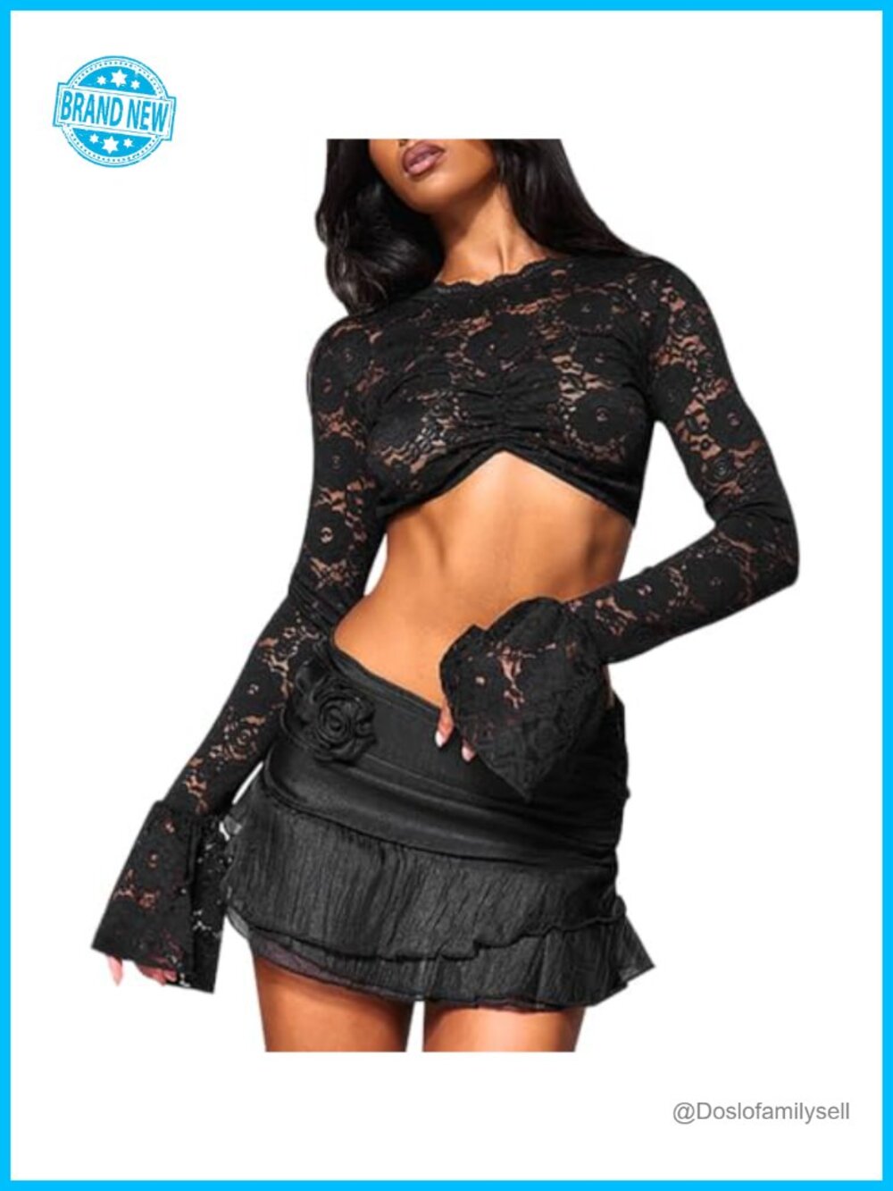 Women's Floral Lace Mesh See Through Crop Top Sheer Long Sleeve Blouse